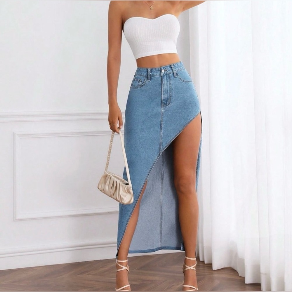 Casual Split Thigh Denim Skirt Blue